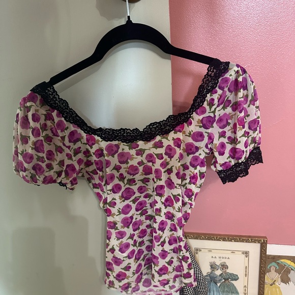 Kimchi Blue Purple Floral Blouse with Black Lace - Picture 3 of 4